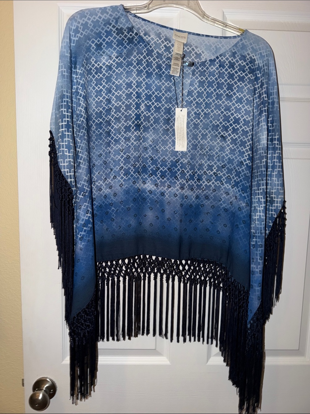 Chico’s  Blue Ombre Geometric Fringe Poncho